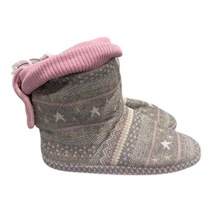 Joe Fresh Slipper Booties Girls Size 5 Gray Pink Fair Isle Button Cozy Winter